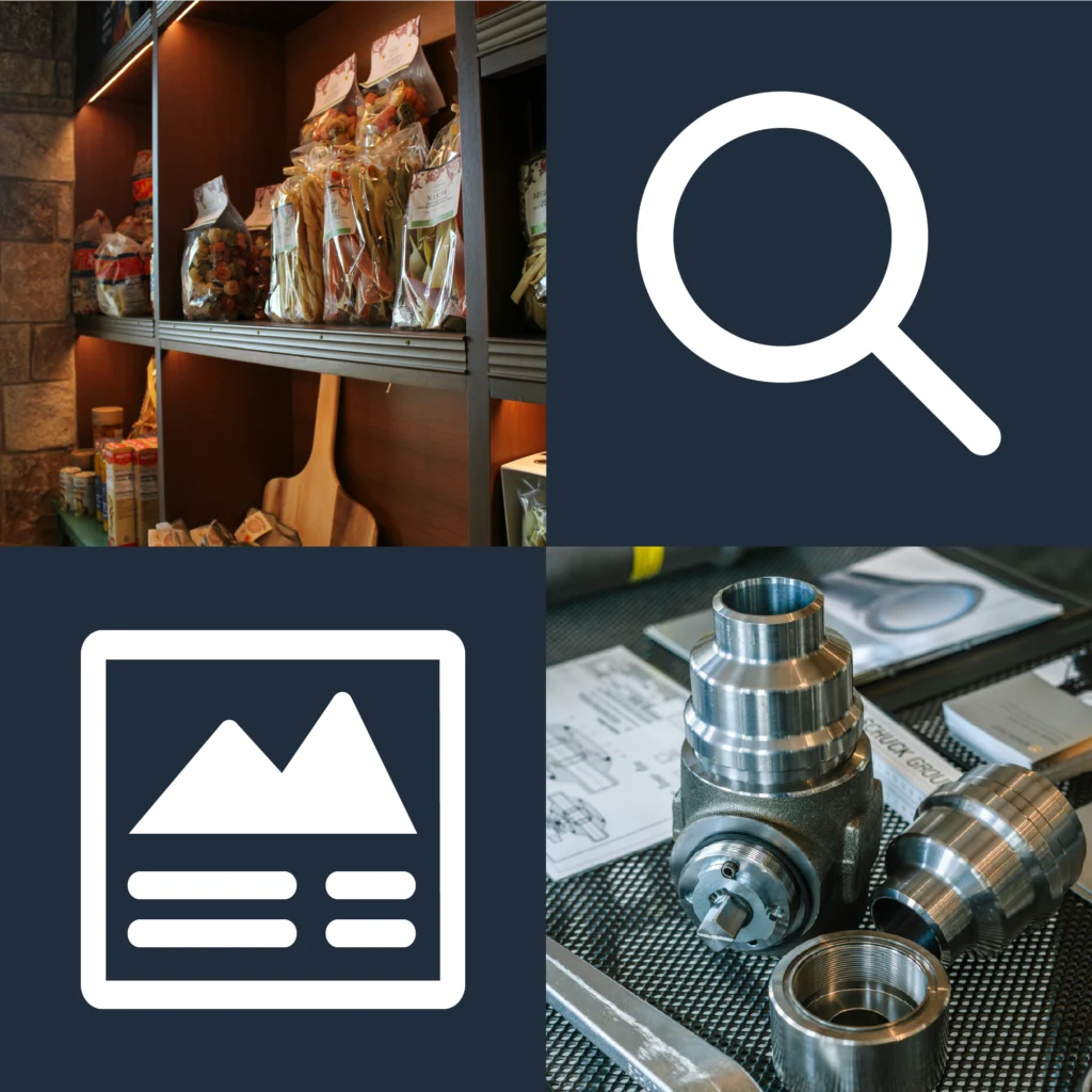 A grid of four squares consisting of two photographs and two graphic icons arranged diagonally. The top-left square shows bags of packaged pasta displayed on lit wooden shelves. The top-right square features a white magnifying glass icon on a dark blue background. The bottom-left square displays a white placeholder graphic icon representing an image and text on a dark blue background. The bottom-right square shows a close-up photograph of machined industrial metal components on a workbench.