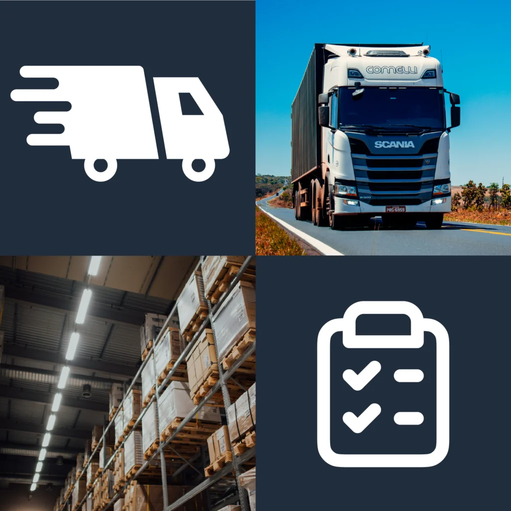 A four-quadrant graphic grid illustrating logistics services. The top-left square features a white fast-delivery truck icon on a dark blue background. The top-right square shows a large commercial Scania semi-truck driving on an open highway. The bottom-left square shows a low-angle photograph of a warehouse interior with high pallet racks stacked with boxed cargo. The bottom-right square features a white clipboard icon with checkmarks on a dark blue background. A website content management toolbar is visible at the very top of the image.