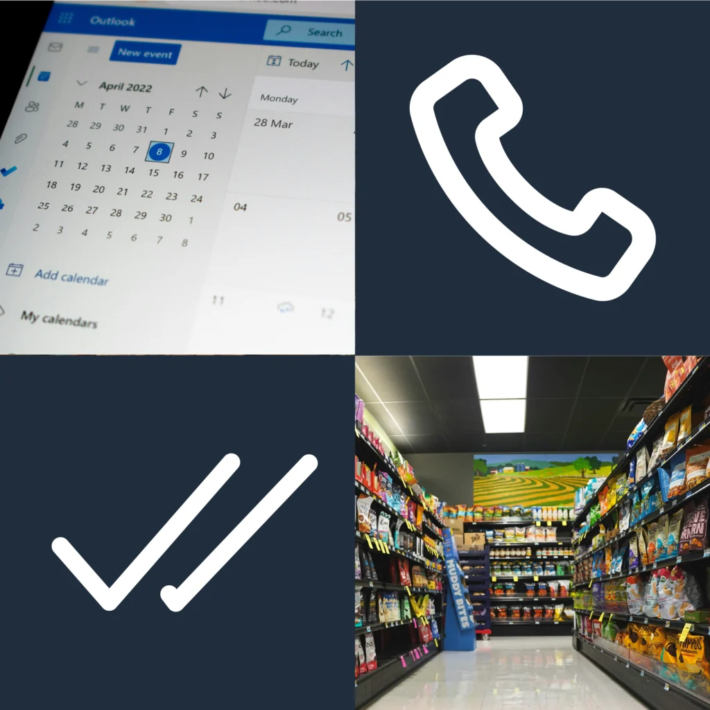 A four-quadrant graphic grid layout. The top-left square shows a photograph of a digital calendar interface (Microsoft Outlook) displaying a monthly view. The top-right square features a white telephone handset icon on a dark blue background. The bottom-left square displays a white double-checkmark icon on a dark blue background. The bottom-right square shows a bright supermarket aisle with grocery products stacked on long retail shelves under fluorescent lighting.