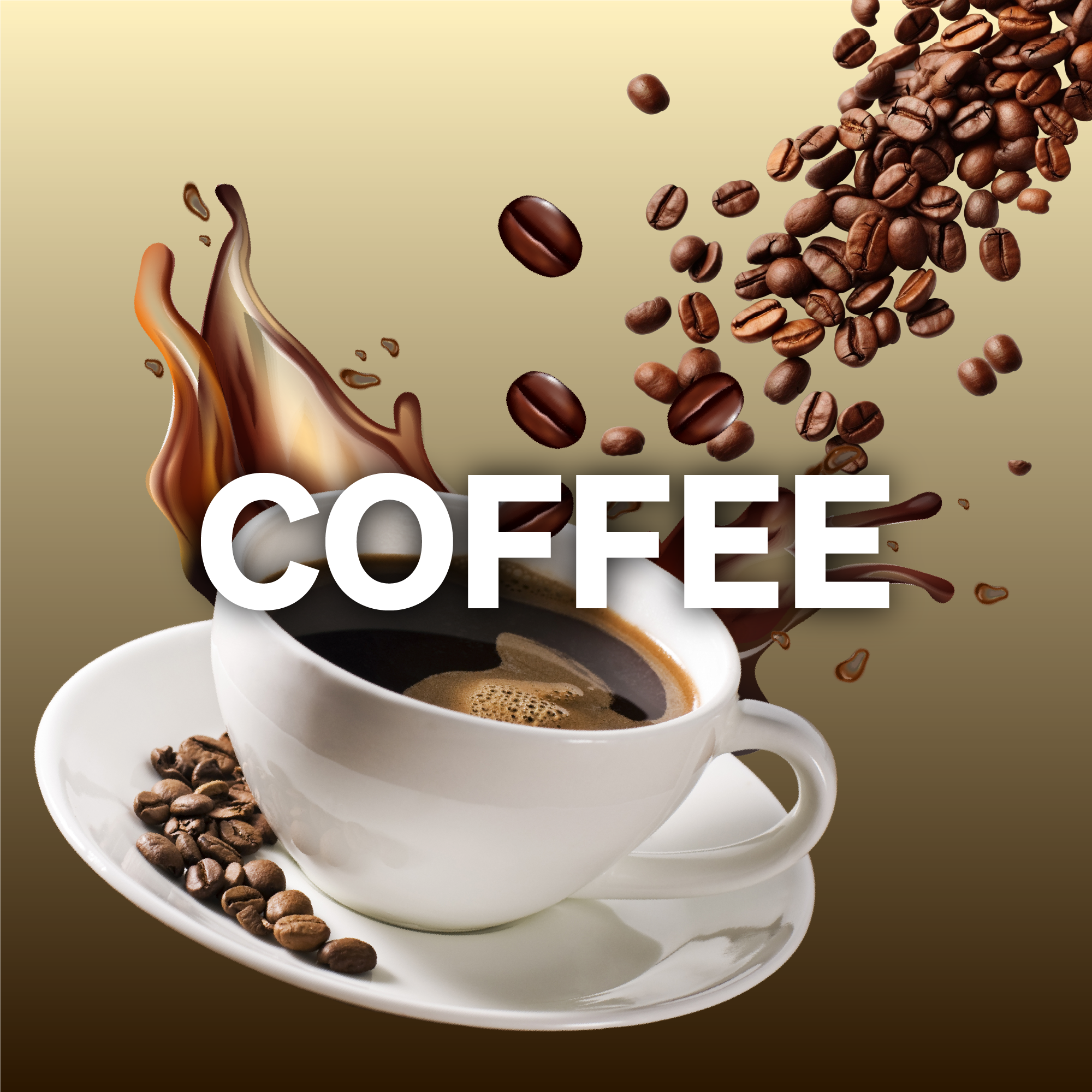 A product banner for coffee featuring a white ceramic cup and saucer filled with black coffee against a warm gold-to-dark gradient background. A dynamic splash of liquid coffee rises from behind the cup, accompanied by a stream of flying roasted coffee beans, with the word "COFFEE" written in bold white capital letters across the center.