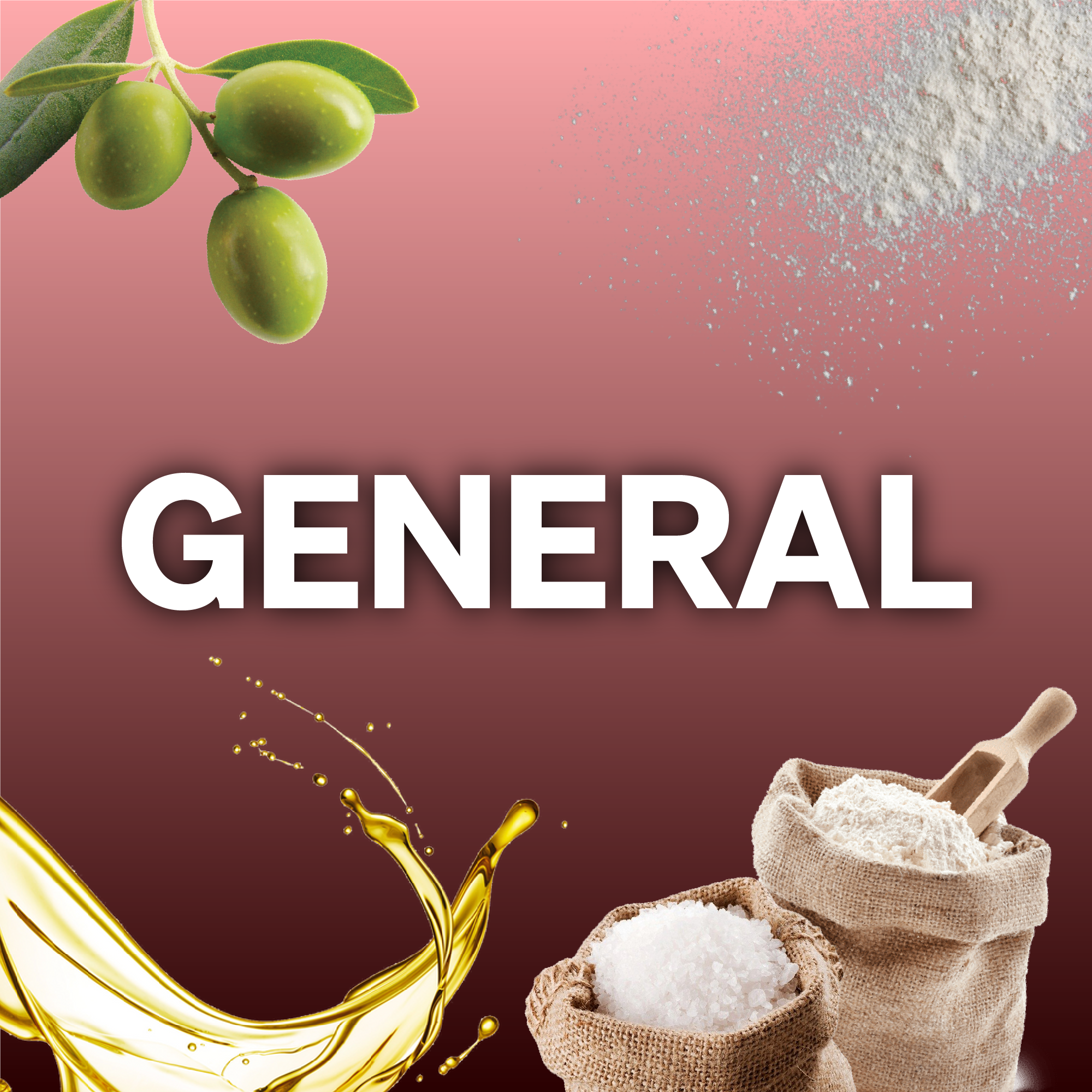 Catalogue category banner featuring the text "GENERAL" in bold white letters over a mauve gradient background. The image displays essential Italian pantry ingredients: a branch of green olives, a splash of golden olive oil, a dust cloud of flour, and two small burlap sacks filled with coarse sea salt and baking flour with a wooden scoop.