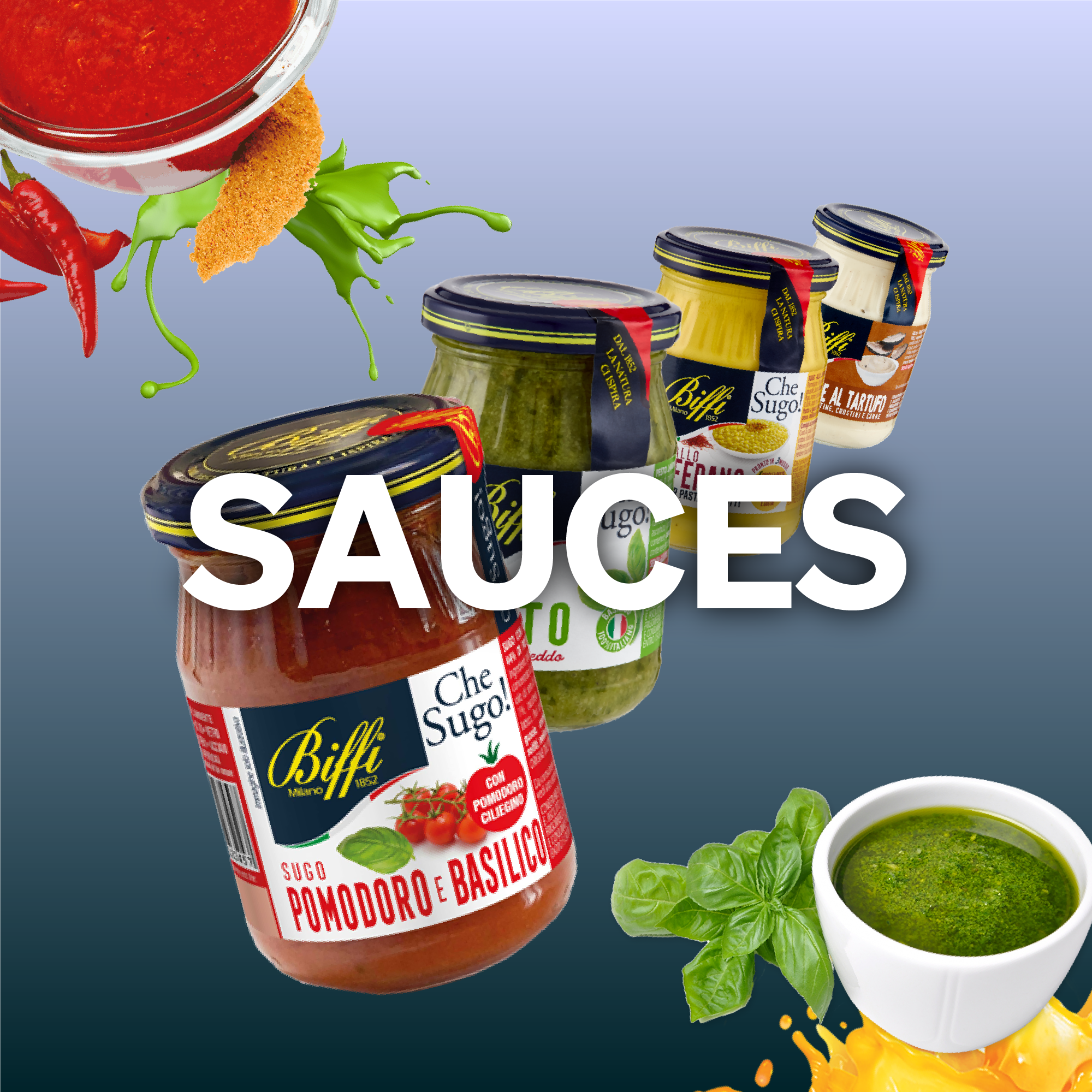 Catalogue category banner featuring the text "SAUCES" in bold white letters over a blue-to-teal gradient background. The image showcases multiple glass jars of premium Biffi Italian sauces, prominently displaying Biffi Tomato and Basil sauce alongside pesto and gourmet cream sauces. Graphic accents include fresh red chilies, basil leaves, and a small white bowl filled with green pesto sauce.